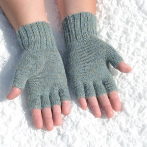 Alpaca wool half finger gloves, hand knitted women's gloves, handmade alpaca gloves, cable knit half finger gloves, aqua grey gloves image 7