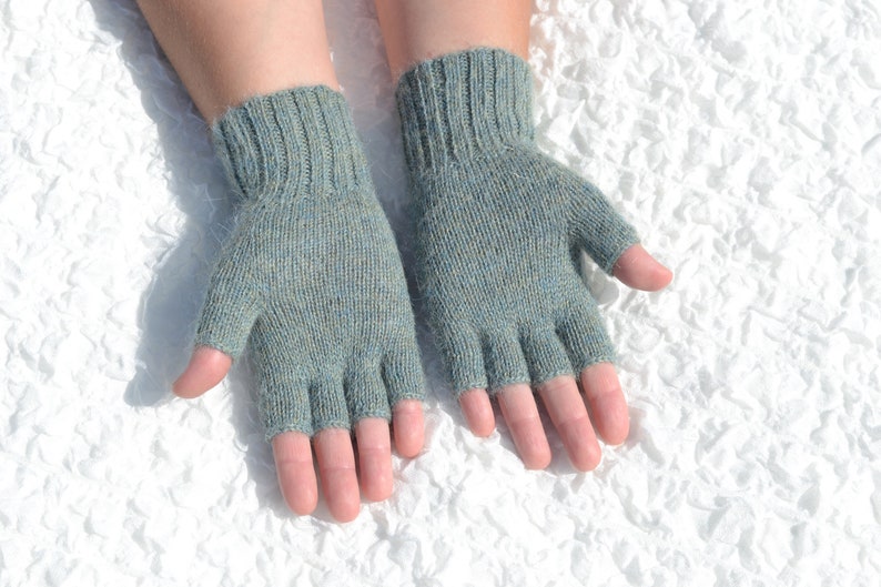 Alpaca wool half finger gloves, hand knitted women's gloves, handmade alpaca gloves, cable knit half finger gloves, aqua grey gloves image 7