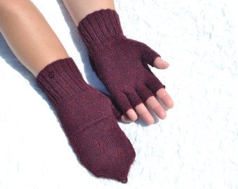 Dark red/burgundy convertible mittens, hand knitted half finger gloves convertible to mittens, handmade flip top mittens, alpaca glomitts