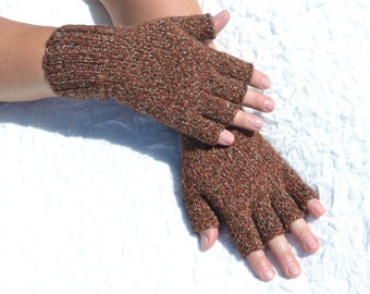 Brown half finger gloves, hand knitted open finger gloves, wrist & arm warmers, texting gloves for medium, large hands, unisex gloves