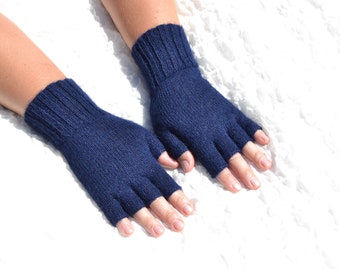 Blue alpaca half finger gloves, hand knitted blue gloves, alpaca wool open finger gloves, knit blue half finger gloves, blue women's gloves