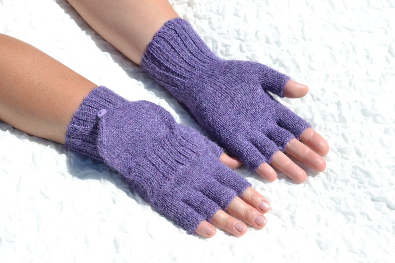 Purple handmade alpaca yarn convertible mittens