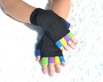 Hand knitted black convertible mittens with colorful half-fingers, acrylic yarn and merino wool convertible gloves, black flip top mittens