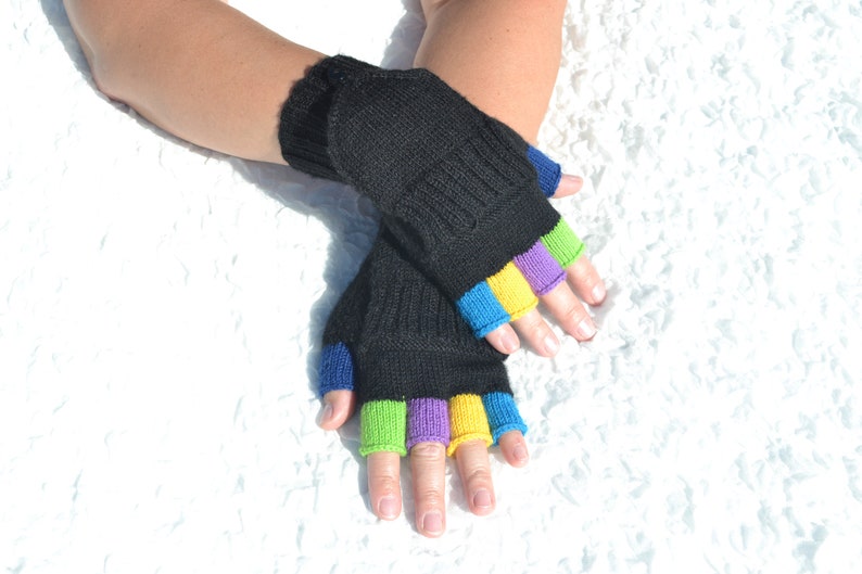 Hand knitted black convertible mittens with colorful half-fingers