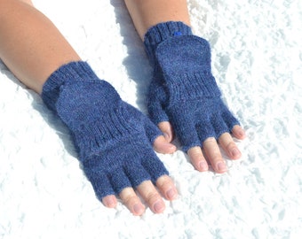 Hand knitted blue convertible gloves, alpaca wool convertible mittens, handmade blue glomitts, alpaca flip top mittens in small/medium size