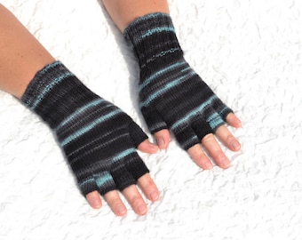 Black half finger gloves with grey and turquoise stripes hand knitted of wool and acrylic yarn blend in x-small, small size for women