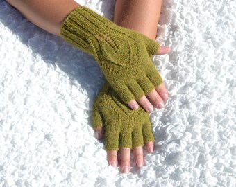 Green alpaca half finger gloves, hand knitted olive color gloves, knit winter gloves, alpaca women's arm warmers, knit open finger  gloves