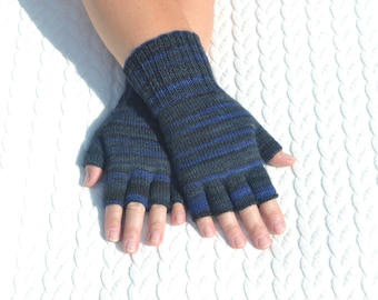 Guantes de medio dedo de color gris oscuro, azul y negro, guantes de lana tejidos a mano con los dedos abiertos, guantes sin punta para los dedos, guantes para escribir, calentadores de muñecas tejidos