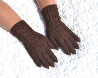 Brown alpaca wool gloves with full fingers, hand knitted finger gloves, dark brown winter gloves, cable knit soft gloves with fingers