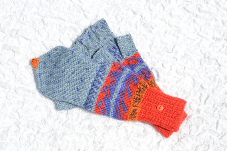 Blue, red and orange convertible mitten gloves