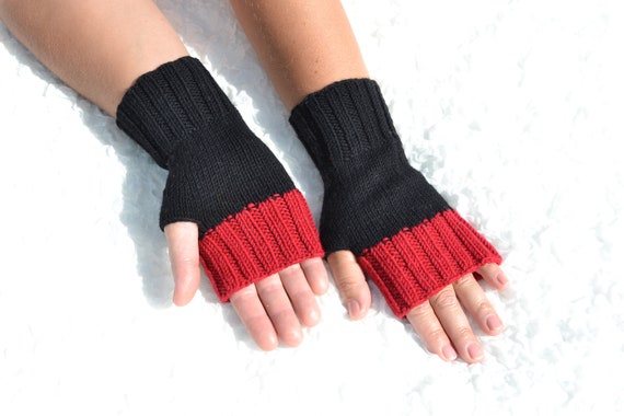 Black and red fingerless gloves, hand knitted wool gloves, handmade women's arm warmers, knitted wrist warmers, open finger gloves