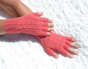 Coral alpaca half finger gloves, hand knitted coral gloves, alpaca wool open finger gloves, pink half finger gloves, coral women's gloves