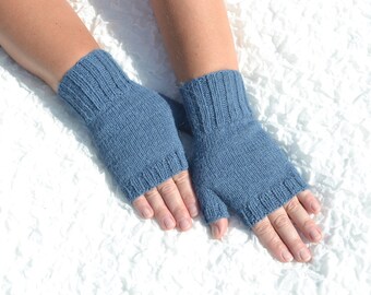 Blaue 100% Alpaka fingerlose Handschuhe, handgestrickte Handschuhe aus Alpakawolle, blaue offene Fingerhandschuhe, handgestrickte Armstulpen, kleine / mittlere Handschuhe