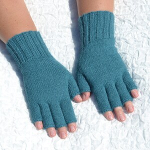 Sea blue hand knitted 100% alpaca wool open finger tipless texting gloves for cold hands in medium size