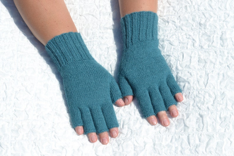 Sea blue hand knitted 100% alpaca wool open finger tipless texting gloves for cold hands in medium size