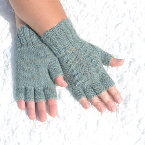 Alpaca wool half finger gloves, hand knitted women's gloves, handmade alpaca gloves, cable knit half finger gloves, aqua grey gloves image 4