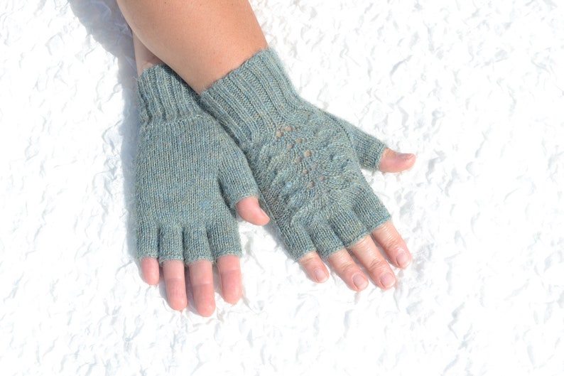 Alpaca wool half finger gloves, hand knitted women's gloves, handmade alpaca gloves, cable knit half finger gloves, aqua grey gloves image 4