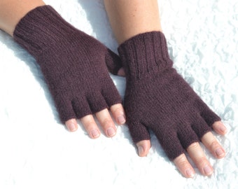 Dark burgundy brown cashmere half finger gloves, hand knitted open finger gloves for cold hands, handmade cashmere gloves, soft arm warmers