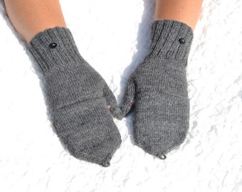 Gray convertible mittens with thumb flap, hand knitted convertible gloves,merino wool flip top mittens, grey glomitts, half finger mittens