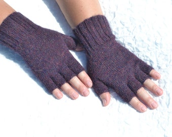 Dark burgundy half finger gloves hand knitted of 100% pure alpaca wool, handmade open finger winter gloves for small and medium size hands