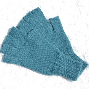 Sea blue hand knitted 100% alpaca wool open finger tipless texting gloves for cold hands in medium size