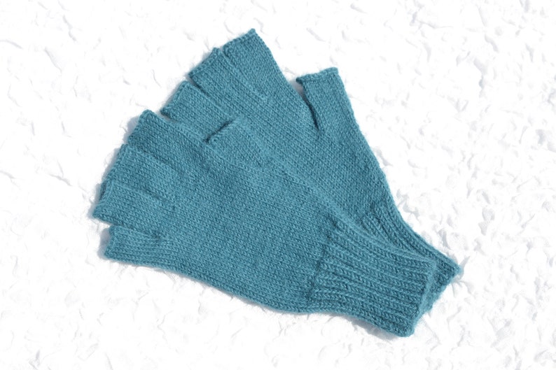 Sea blue hand knitted 100% alpaca wool open finger tipless texting gloves for cold hands in medium size