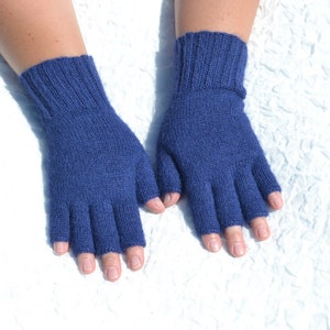 Navy blue hand knitted 100% alpaca tipless half finger gloves