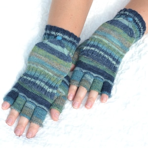 Green & blue half finger gloves convertible to mittens, hand knitted flip top mittens, knit wool glomitts, knit striped convertible mittens