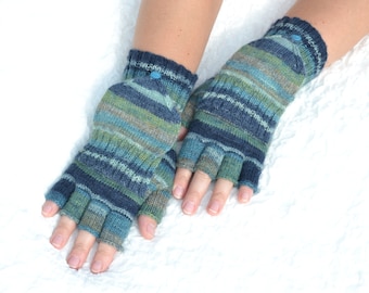 Green & blue convertible gloves, hand knitted flip top mittens, handmade woolen glomitts, striped convertible mittens for women