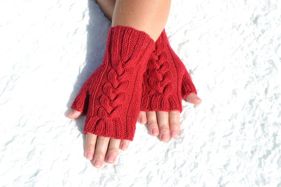 Red Fingerless Gloves, Hand Knitted Red Wool Gloves, Cable Knit