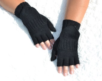 Black wool convertible mittens with thumb flap, hand knitted convertible gloves, black flip top mittens, wool glomitts, half finger mittens