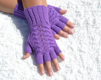 Purple wool half finger gloves, hand knitted violet gloves, handmade wool blend gloves, hand knit women's arm warmer, cable knit gloves