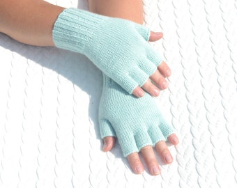 Light green cashmere open finger gloves, hand knitted half finger gloves for cold hands, finger tipless gloves, typing gloves, wrist warmers