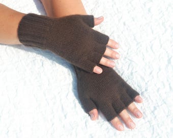 Handmade dark brown cashmere half finger gloves, hand knitted pure cashmere gloves, dark chocolate brown gloves for women,open finger gloves