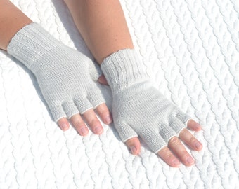Light pearl grey cashmere half finger gloves, hand knitted finger tipless gloves, handmade wrist warmers - open finger gloves, gray gloves