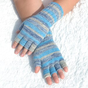 Hand knitted blue and grey half finger gloves, handmade woolen gloves with open fingers, typing gloves for cold hands, fingerless gloves image 7