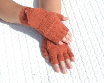 Hand knitted terracotta / copper alpaca convertible gloves - flip top mittens, handmade half finger gloves with mitten flaps for winter