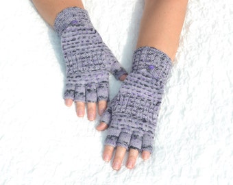 Purple half finger gloves convertible to mittens, knit woolen flip top mittens, handmade convertible gloves, purple glomitts for women's