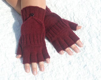 Hand knitted burgundy acrylic and wool flip top gloves, knit convertible mittens, handmade open finger glomitts with flap size L.