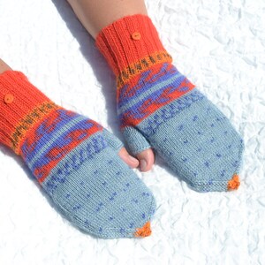 Blue, red and orange convertible mitten gloves