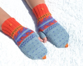 Blue, red and orange convertible mitten gloves, hand knitted half finger convertible mittens, handmade colorful flip top mittens, glomitts