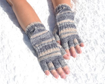 Grey & beige convertible mittens,knit gloves from wool and acrylic yarn, hand knitted flip top winter gloves,men's and women's wool glomitts