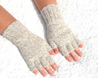 Hand knitted pure alpaca half finger gloves, color - mix of white, grey, brown, size - small medium, handmade Christmas gloves