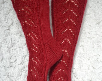Hand knitted knee high socks, red women socks, long socks, elegant women socks, cable knit wool socks, leg warmers, handmade gift for woman