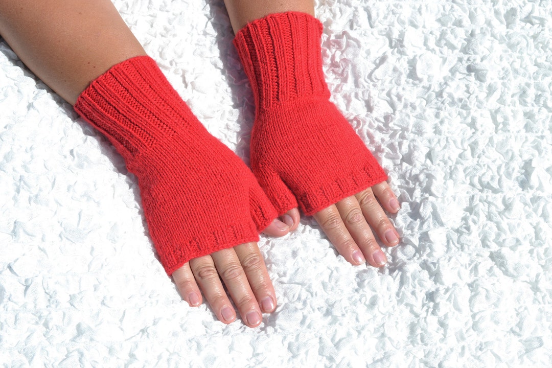Red Fingerless Gloves Hand Knitted Red Gloves Wool Arm Etsy UK