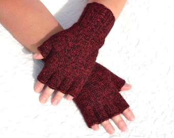 Black & red alpaca half finger gloves, hand knit alpaca gloves, handmade winter arm warmers, handmade open finger gloves in S/M/L