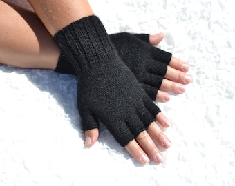 Schwarze Alpaka-Wolle halbe Fingerhandschuhe, handgestrickte schwarze Alpaka-Handschuhe, schwarze Pulswärmer, schwarze Damenhandschuhe, schwarze Herrenhandschuhe