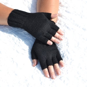 Black half finger gloves, hand knitted alpaca and silk gloves, unisex handmade black gloves, baby alpaca gloves, soft open finger gloves