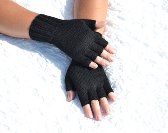 Black half finger gloves, hand knitted alpaca and silk gloves, unisex handmade black gloves, baby alpaca gloves, soft open finger gloves