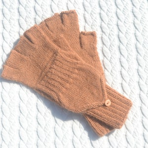 Light bown alpaca half finger convertible gloves with mitten flaps